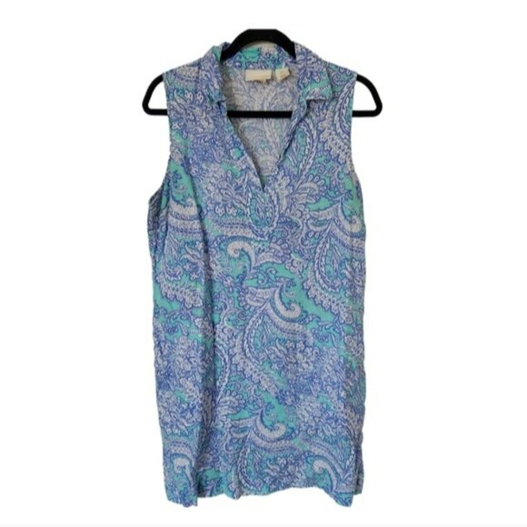 Cynthia Rowley Linen Dress US 8 Blue Paisley Print Sleeveless Pockets Summery - Picture 1 of 9